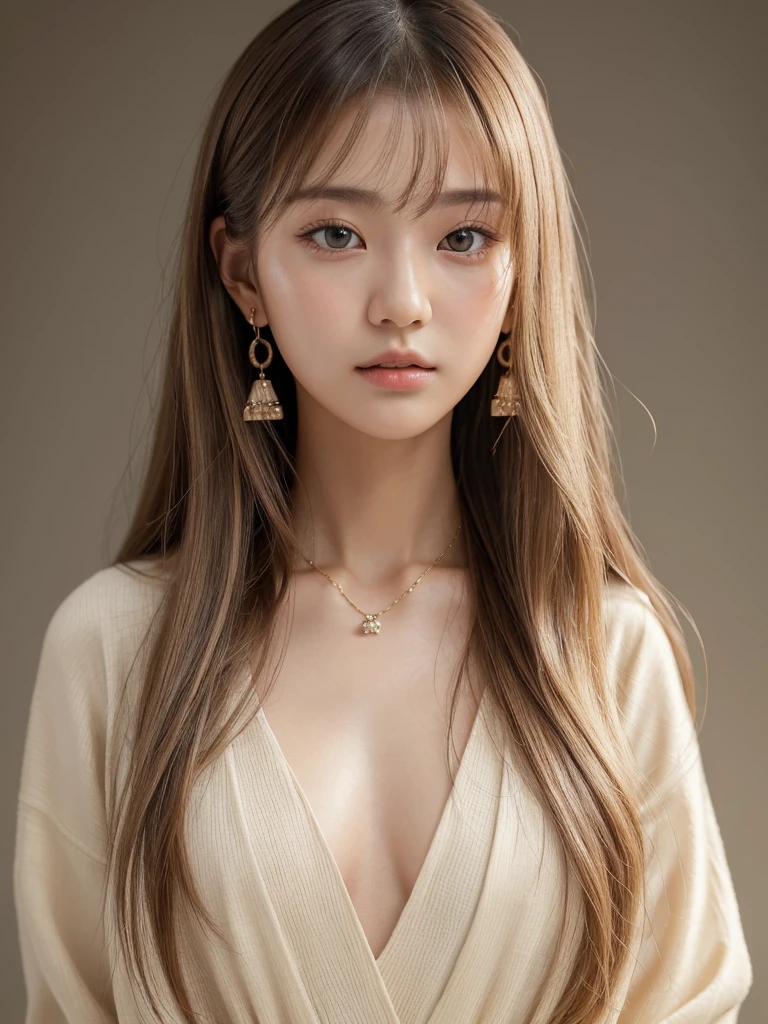 ((Highest quality, 8K, masterpiece:1.3)), concentrated: 1.2, Perfect Body Beauty: 1.4, Hip: 1.2, ((Long Hair, chest: 1.2)), (Dry clothes: 1.1) , (clear, Simple Background:1.3), Simple clothes: 1.1, Highly detailed face and skin texture,Delicate eyes, double eyelid, White skin, Rough skin、Long Hair、Bangs with earrings、necklace、 alone、Beige coat、White shirt, (((Cute Japanese Girl)))、 ((Beautiful Japanese woman 20 years old))、 ((Baby Face))、 (((Slender body)))、 Upper Body,Face Focus、necklace,Simple Background,From above, Realistic Hair、 The photo was taken:Canon EOS R6、135mm、1/1250 seconds、F2.8、ISO400、(Detailed description of the hand)、(Masseter region)、(Exquisite CGI)、Long Hair, loose and curly hair、Korean Hair、(blonde)、ゆるふわLong Hairスタイル、