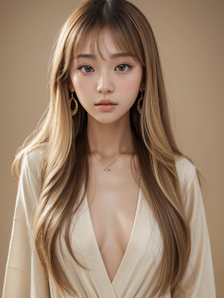 ((Highest quality, 8K, masterpiece:1.3)), concentrated: 1.2, Perfect Body Beauty: 1.4, Hip: 1.2, ((Long Hair, chest: 1.2)), (Dry clothes: 1.1) , (clear, Simple Background:1.3), Simple clothes: 1.1, Highly detailed face and skin texture,Delicate eyes, double eyelid, White skin, Rough skin、Long Hair、Bangs with earrings、necklace、 alone、Beige coat、White shirt, (((Cute Japanese Girl)))、 ((Beautiful Japanese woman 20 years old))、 ((Baby Face))、 (((Slender body)))、 Upper Body,Face Focus、necklace,Simple Background,From above, Realistic Hair、 The photo was taken:Canon EOS R6、135mm、1/1250 seconds、F2.8、ISO400、(Detailed description of the hand)、(Masseter region)、(Exquisite CGI)、Long Hair, loose and curly hair、Korean Hair、(blonde)、ゆるふわLong Hairスタイル、