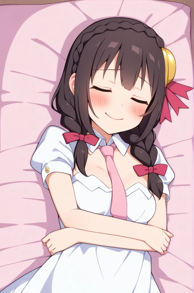alone, One girl、Crown braids in the same color as your hair, hair ornaments, Hair Ribbon, Pink tie, (White dress), (Sleeping in bed)、Black Hair、(Happy sleeping face:1.4)、(blush:1.3)、Slightly larger breasts