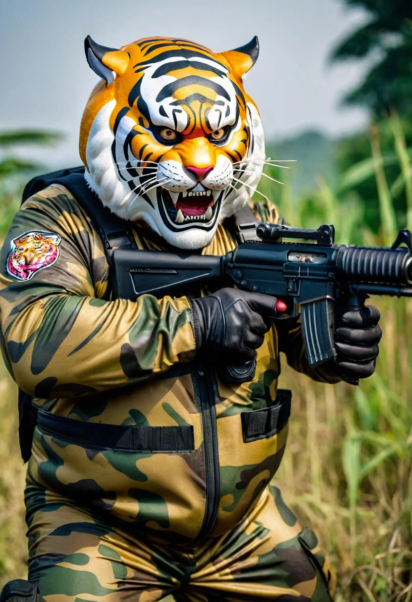 (a dark-skinned fat old man in a bulky camouflage zipper diver suit) shooting with a gun and (wearing roaring siberian tiger mask that show the wearer eyes), muscular, Basuki Abdullah, sumatraism, action, a character portrait, heroic, fierce, snarling