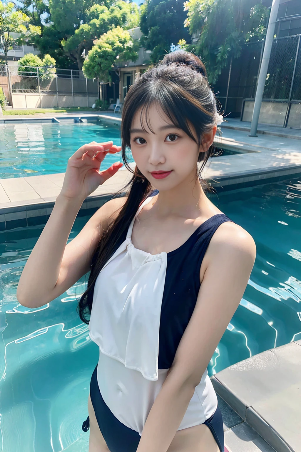 A beautiful Japanese woman in a traditional Japanese school swimsuit stands by the pool。She has long black hair tied in a ponytail、The school swimsuit is navy blue with white trim.。Under the blue sky on a clear day、The pool water sparkles in the sunlight。In the background you can see a Japanese school building with cherry blossoms blooming。She has a gentle smile、The bright sunlight reflects in my eyes。Her figure is slender and athletic.、Has a natural and relaxed pose。One hand on hip、The other hand is lightly touching the water surface.。The overall atmosphere is peaceful and nostalgic.、It captures the essence of the Japanese school scene.。