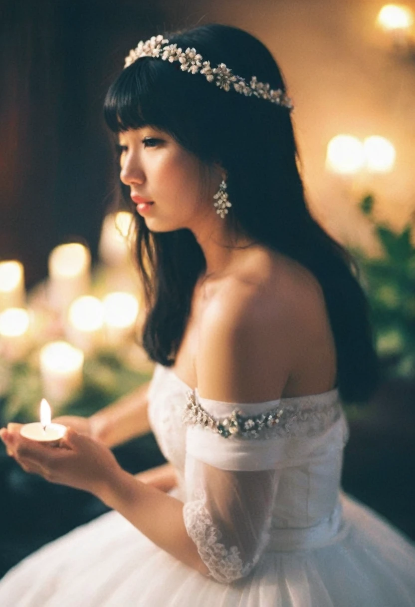 1girl, asian girl,solo, black hair, dress, off shoulders, brown eyes, jewelry, medium breasts, collarbone, upper body, flower, earrings, indoors, necklace, white dress, blurry, lips, strapless, blurry background, tiara, veil, strapless dress, bouquet, wedding dress, realistic, candle, bridal veil, bride, candlestand, film grain