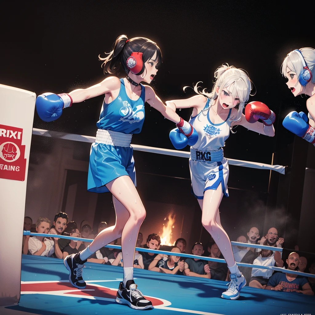 (steam:1.1),(Wet:1.1),(trembling:1.1),(Sweat:1.4),sparring:1.3,(teens girl,boxing:1.6),2 girl,Boxer,action:1.6,dynamic pose,dynamic angle,low angle,full body shot,medium shot,(4K), (Raw photo: 1.2), (Realism: 1.4), (masutepiece: 1.3), (exquisite detailing: 1.2), Delicate and beautiful details, (Eye Detail), (Facial Detailed), (Highest Quality:1.4), (Hyper-Resolution: 1.2), (very detailed illustration),