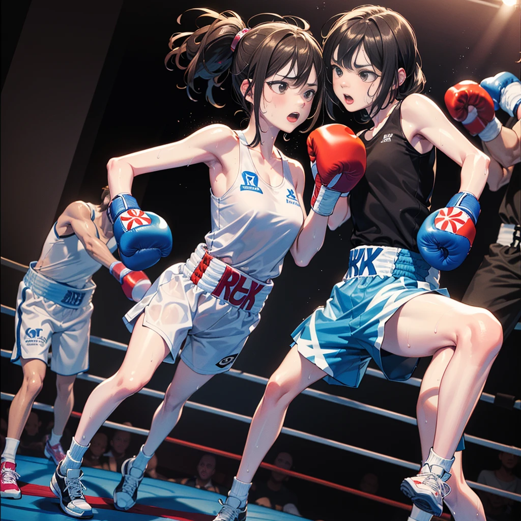 (steam:1.1),(Wet:1.1),(trembling:1.1),(Sweat:1.4),sparring:1.3,(s girl,boxing:1.6),2 girl,Boxer,action:1.6,dynamic pose,dynamic angle,low angle,full body shot,medium shot,(4K), (Raw photo: 1.2), (Realism: 1.4), (masutepiece: 1.3), (exquisite detailing: 1.2), Delicate and beautiful details, (Eye Detail), (Facial Detailed), (Highest Quality:1.4), (Hyper-Resolution: 1.2), (very detailed illustration),