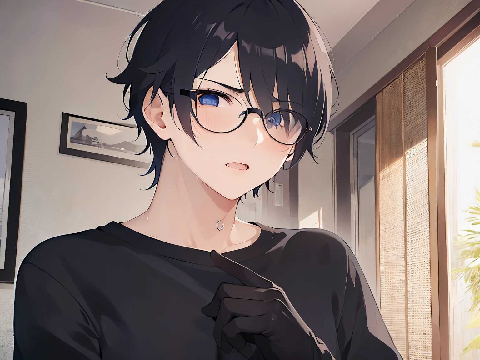 hand up, plastic frame eyewear、upper body、shiny skin, masterpiece、Highest quality、(25-year-old male:1.5) and (Black short hair) and (blue eyes), Hair over one eye, (Black T-shirt)、angry, (blush:1.3), open mouth, The background is the living room、(Alone:1.5)、Are standing