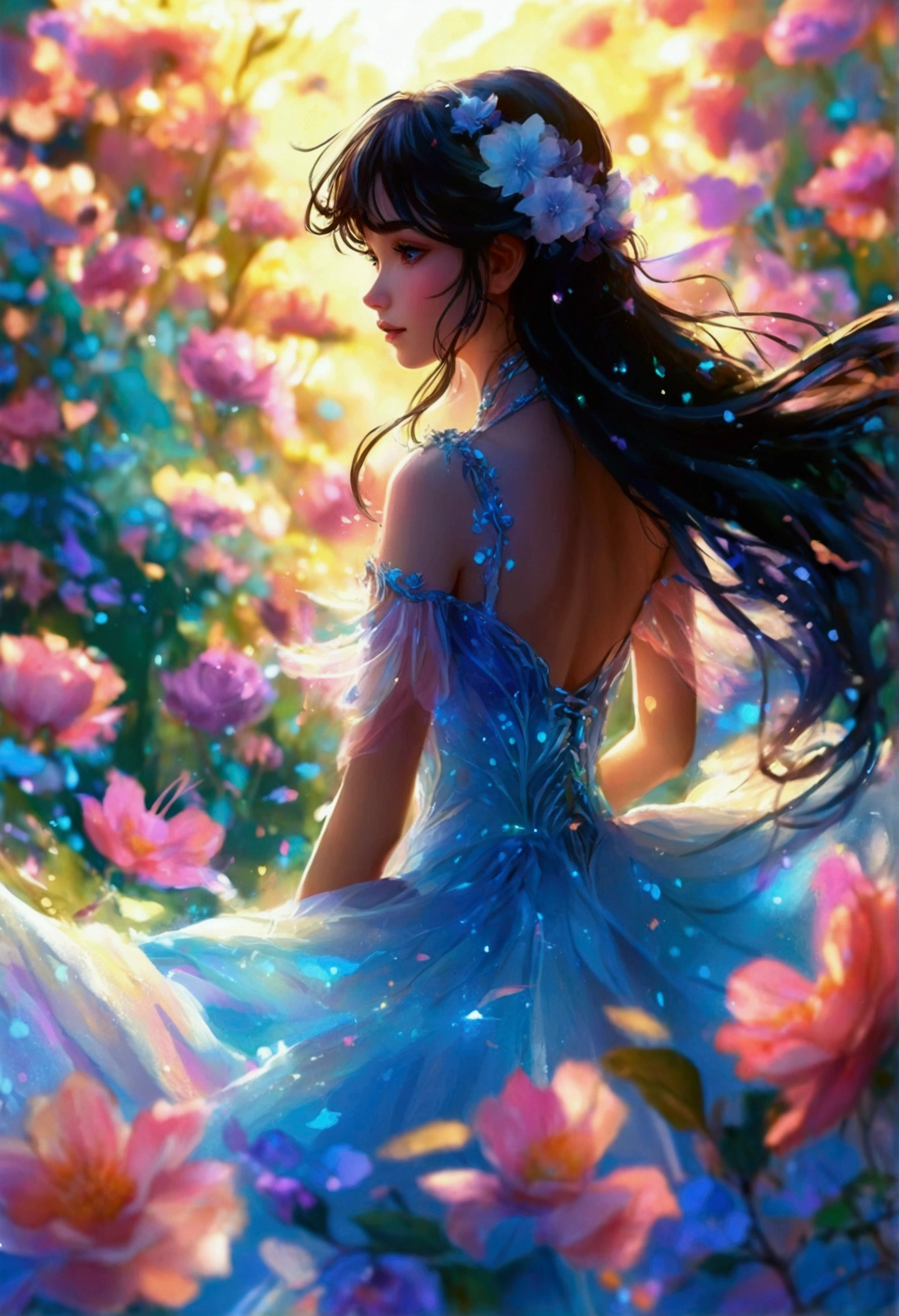 beautiful anime girl in puffy white ballgown, long dark hair, magical glowing blue lights, magical, whimsical, blue pink and purple colors, watercolor illustration, inspired by Glen Keane, inspired by Lois van Baarle, disney art style, glowing aura around her, jen bartel, glowing lights, back side view, digital painting, flowing glowing hair, glowing flowing hair, beautiful digital illustration, fantasia otherworldly landscape plants flowers, beautiful,