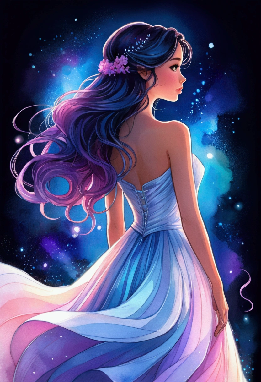 beautiful anime girl in puffy white ballgown, long dark hair, magical glowing blue lights, magical, whimsical, blue pink and purple colors, watercolor illustration, inspired by Glen Keane, inspired by Lois van Baarle, disney art style, glowing aura around her, jen bartel, glowing lights, back side view, digital painting, flowing glowing hair, glowing flowing hair, beautiful digital illustration, fantasia otherworldly landscape plants flowers, beautiful,