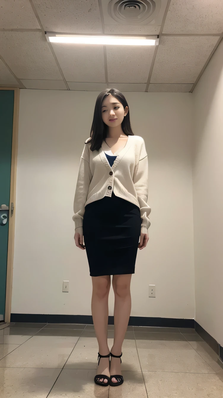Realistic, photo-Realistic:1.4),(Highest quality,masterpiece),RAW Photos, High resolution, Intricate details, In detail, Cinema Lighting, (whole body, Front view:1.5), A 16-year-old Japanese girl is standing, Leaning against the wall outside the classroom, , slim, thin, Thin legs, (cardigan, skirt, I&#39;m not wearing socks、Wearing a school uniform:1.4), Black Hair,

