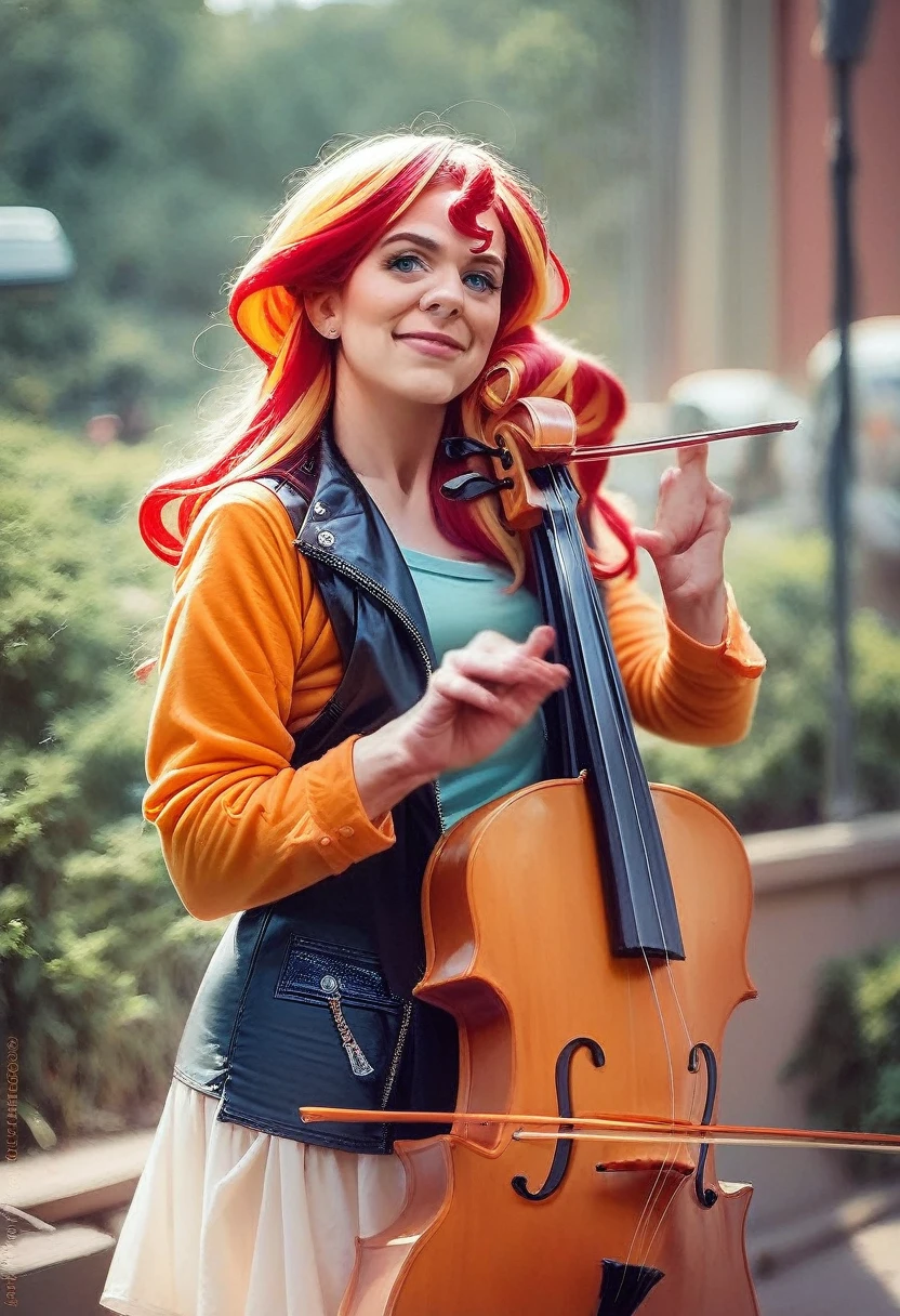 sunset shimmer playing a cello, irl, realistic style