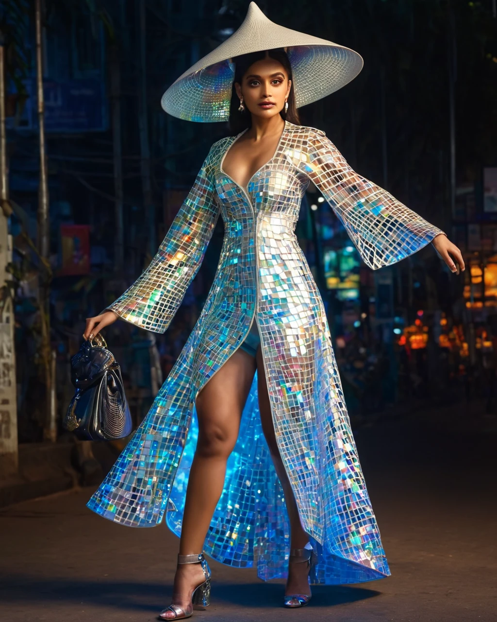 Capture a captivating image of a beautiful woman in the bustling streets of Mumbai, India. She is wearing an outfit that is both unique and avant-garde: a flowing, iridescent gown that changes color in the light, paired with a structured, transparent PVC jacket adorned with LED lights that glow subtly. Her pose is effortlessly chic, with one leg slightly forward and her hand gracefully touching the brim of a large, asymmetrical hat made of woven fibers and embedded with small mirrors. The lighting is a mix of natural twilight and strategically placed spotlights, creating a magical, almost surreal ambiance. She accessorizes with a futuristic, holographic handbag, and wears a pair of custom-designed, ankle-high boots with intricate laser-cut patterns.