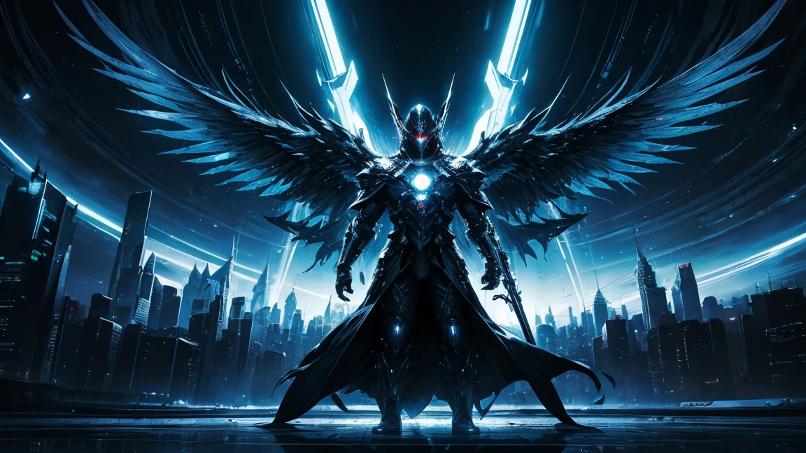 ((masterpiece, Highest quality, Best image quality, High resolution、4k)) One giant black masked angel、Black evil wings、Glowing halo、Huge railgun、Cyberface。Flowing White Cyber Robe、god々Shining with a bright light。Shiny advanced cybernetic enhancements. Seen in dynamic action poses, reflection on a smooth surface. The cityscape below is filled with towering skyscrapers., illuminated by colorful holographic advertisements, Shining with blue energy, Mighty power. The overall atmosphere is dark and mysterious., It had a futuristic techno vibe.. The lighting is dramatic, Intense highlights and deep shadows, Creates depth and tension