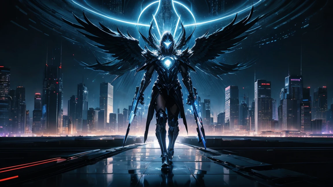 ((masterpiece, Highest quality, Best image quality, High resolution、4k)) One giant black masked angel、Black evil wings、Glowing halo、Huge railgun、Cyberface。Flowing White Cyber Robe、god々Shining with a bright light。Shiny advanced cybernetic enhancements. Seen in dynamic action poses, reflection on a smooth surface. The cityscape below is filled with towering skyscrapers., illuminated by colorful holographic advertisements, Shining with blue energy, Mighty power. The overall atmosphere is dark and mysterious., It had a futuristic techno vibe.. The lighting is dramatic, Intense highlights and deep shadows, Creates depth and tension