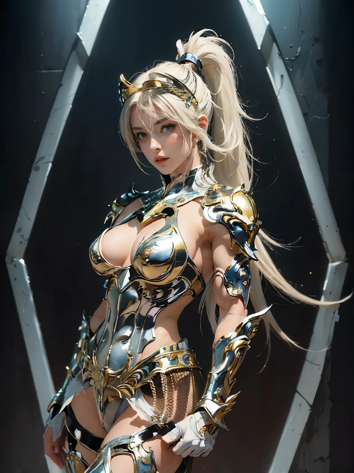 (((of the highest quality: 1.4))),(unparalleled masterpiece ever), (Ultra high definition),(Ultra realistic 8K CG), (((adult body))), (((1girl in))), ((( Short ponytail hair ))), perfect bodies,,Beautiful and well-groomed face, (muscular body:1.4), (Saint Seiya God pegasus cloth, headgear, white hair ornament), Detailed breastplate, gauntlets、is standing, (Image from head to thigh),(( White Blonde Shorthair )),, Simon Bisley's urban savage style,Detailed ancient Roman background,Clean abs, Complex equipment, gold with blue stars and gold and blue stripes, pegasus cloth armor, Poison tattoo, (Thin pink lips: 0.8), (((turn back))), (((standing))),