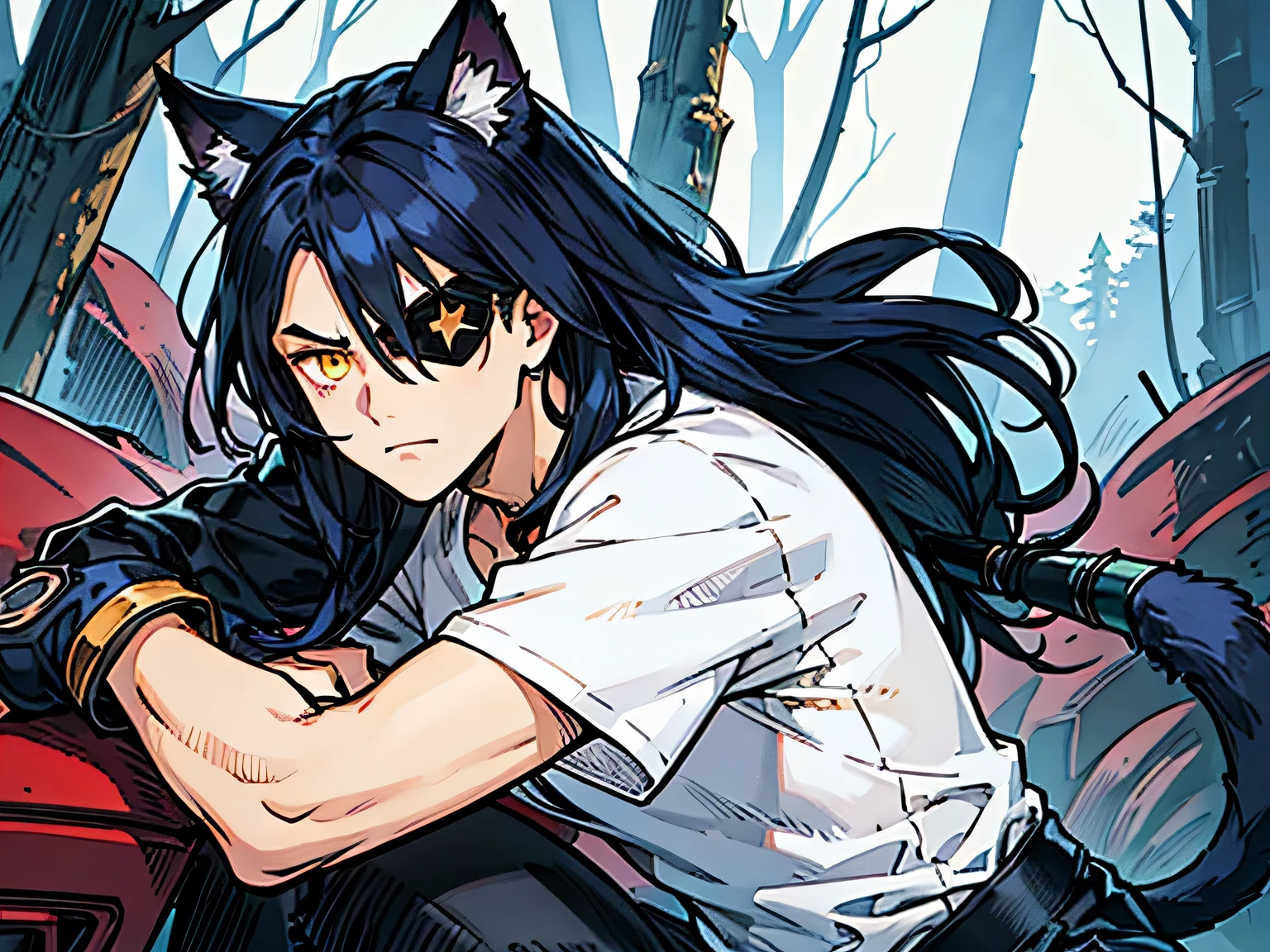a boy, gradient_eyes, yellow eyes, upturned eyes, slit pupils, eyepatch, dark blue hair, long hair, side swept bangs, wearing a white tee shirt and a black jean, cat ears, cat tail, in the forest, high details, high quality, best quality, highres
