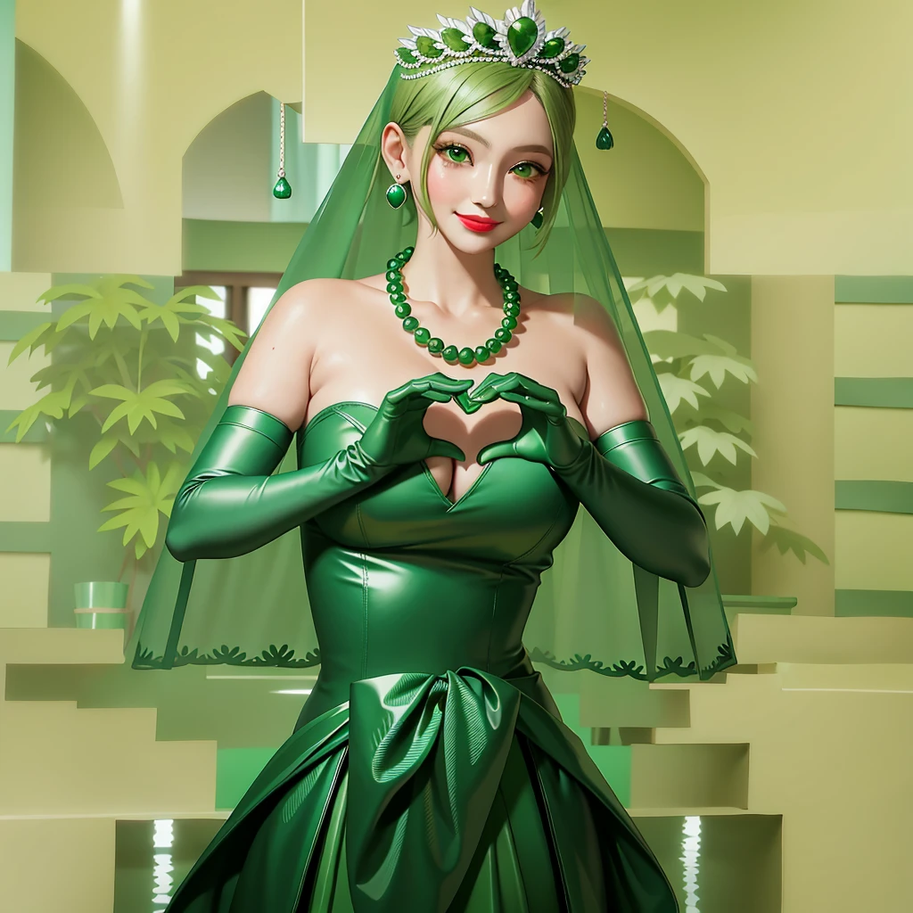 Emerald tiara, Green Pearl Necklace, ボーイッシュな非常に短いGreen Hair, Green Lips, Smiling Japanese woman, Very short hair, Busty beautiful lady, Green Eyes, Green satin long gloves, Green Eyes, Emerald Earrings, Green veil, Heart with both hands, Green Hair, Beautiful Japanese Woman, Heart shaped hands:1.3, green lip gloss