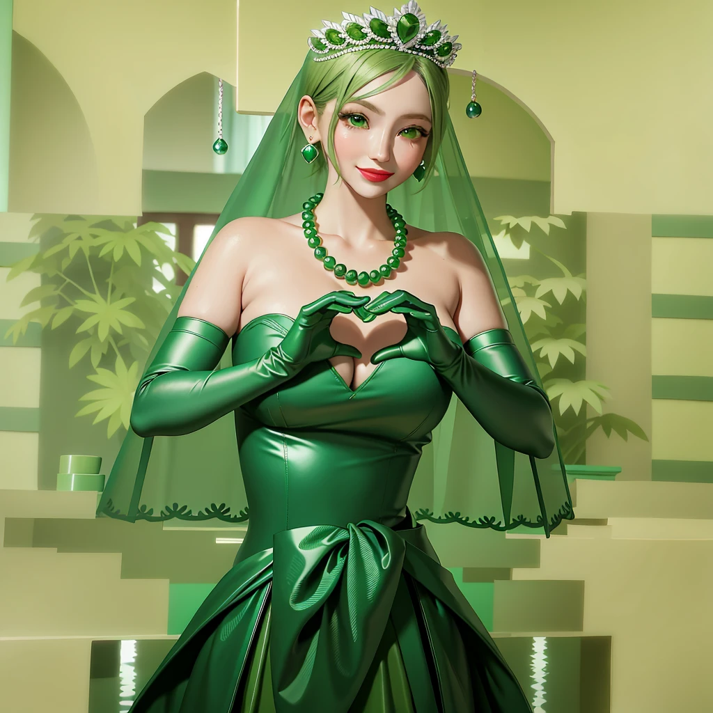 Emerald tiara, Green Pearl Necklace, ボーイッシュな非常に短いGreen Hair, Green Lips, Smiling Japanese woman, Very short hair, Busty beautiful lady, Green Eyes, Green satin long gloves, Green Eyes, Emerald Earrings, Green veil, Heart with both hands, Green Hair, Beautiful Japanese Woman, Heart shaped hands:1.3, green lip gloss