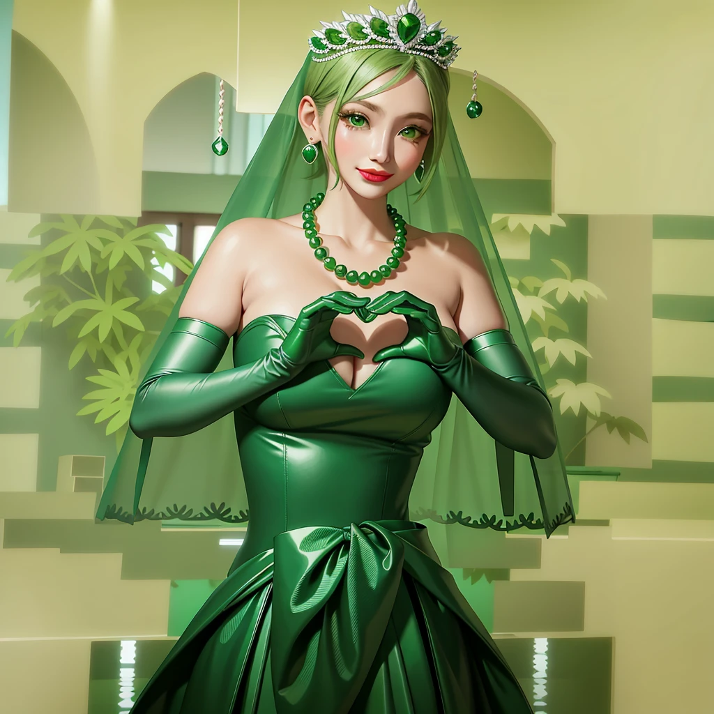 Emerald tiara, Green Pearl Necklace, ボーイッシュな非常に短いGreen Hair, Green Lips, Smiling Japanese woman, Very short hair, Busty beautiful lady, Green Eyes, Green satin long gloves, Green Eyes, Emerald Earrings, Green veil, Heart with both hands, Green Hair, Beautiful Japanese Woman, Heart shaped hands:1.3, green lip gloss