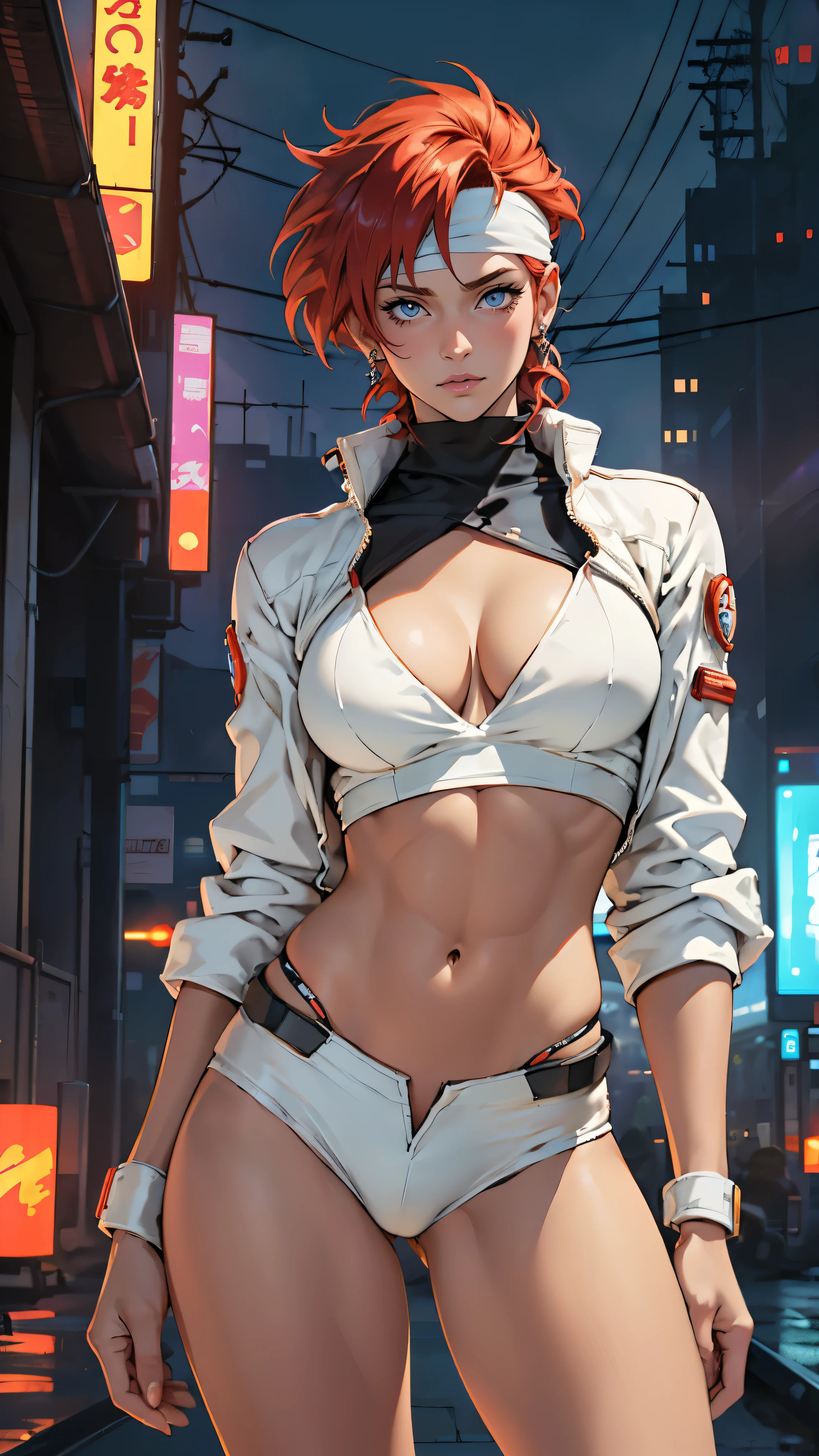 ((Masterpiece, highest quality; 1.3)), super quality, beautiful detail, super detailed, extra fine, 16K, exquisite, absurd, high resolution, beautiful background, detailed background, beautiful eyes, beautiful skin, anime style, Kay from Dirty Pair in a white outfit, tight outfit, cleavage, bushy redhead beauty, very light blue uniform, wearing tight clothes, skimpy, (mid chest: 1.2), cleavage, cleavage, slim waist , thin waist, slim thighs, thin legs, slim legs. thigh gap, showing stomach, skinny, thin hips, cyberpunk city background, holding retro space gun , headband,