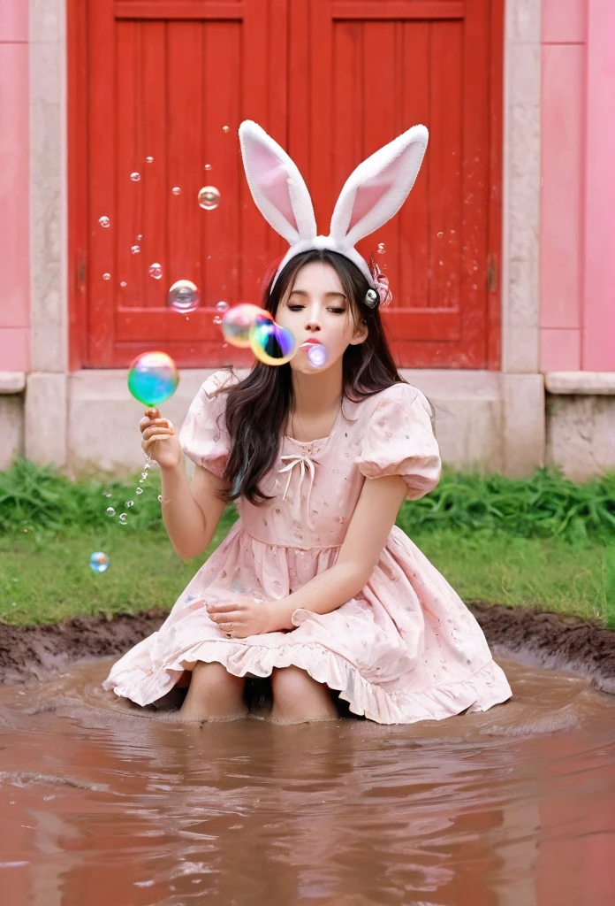 A painting,The painting shows a woman in a dress blowing bubbles, On a bright red campus"YES"Character、beautiful illustration, best quality, cute girl, bedroom, pastel color, fluffy bunny ears, , silver long hair, alert! Dive into the messy and joyful theme of "Playing in Mud" (Playing in the mud). Capture the pure delight and uninhibited fun of people or animals splashing, building, and getting covered in mud.