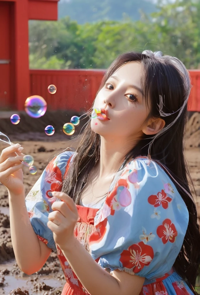 A painting,The painting shows a woman in a dress blowing bubbles, On a bright red campus"YES"Character、beautiful illustration, best quality, cute girl, bedroom, pastel color, fluffy bunny ears, , silver long hair, alert! Dive into the messy and joyful theme of "Playing in Mud" (Playing in the mud). Capture the pure delight and uninhibited fun of people or animals splashing, building, and getting covered in mud.