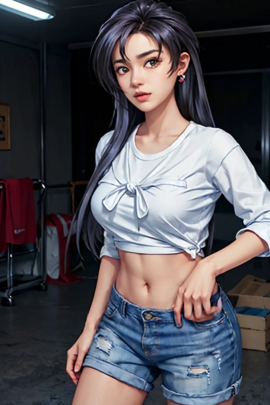 (photo realist: 1.4), (hiper realist: 1.4), (realist: 1.3), (smoother lighting: 1.05), (Improve the quality of movie lighting: 0.9), 32K(Aumentar a beauty da textura da pele: 1,1, better quality, (beauty), masterpiece, Physically based rendering, ultra high resolution, masterpiece, best quality, full body, Mio Serizawa, a standing girl with long hair wearing mini shorts, earrings, sneakers and tied shirt, navel, beauty face, big breast