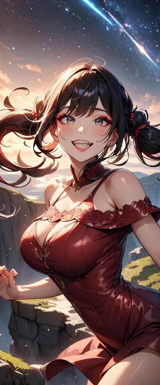 Photo of a woman with natural skin, Upper Body, Dynamic pose, laughing, High Twintails, Black hair with red mesh, Sharp eyes with red eyeshadow, Shining eyes, A thin, upturned nose, Well-shaped lips, ((Black off-the-shoulder dress)), Big Breasts, barefoot, Makeup, Exquisitely crafted with the utmost attention to detail, Vibrant, amazing, Smooth, Cinematic, 4K, Backlight, ((Atop a cliff with a beautiful starry sky)), Shallow depth of field, ((Detailed eyes:1.3, Detailed lips:1.3, high quality, )), masterpiece, Super detailed images, High quality