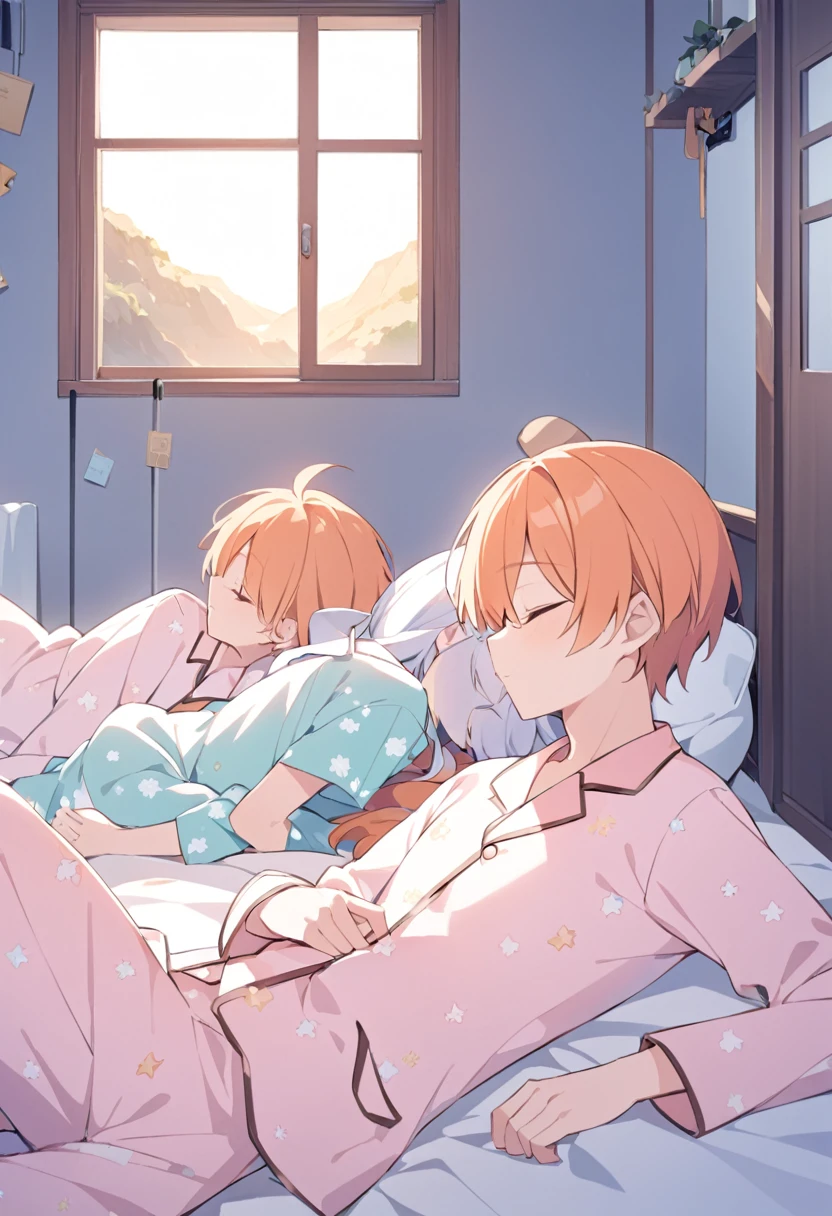 Orange Hair、man、man高校生、boy、Lying down、Pajamas、pajamas、Open your eyes、Landscape、profile、真顔のprofile、Inside the room、Short Hair