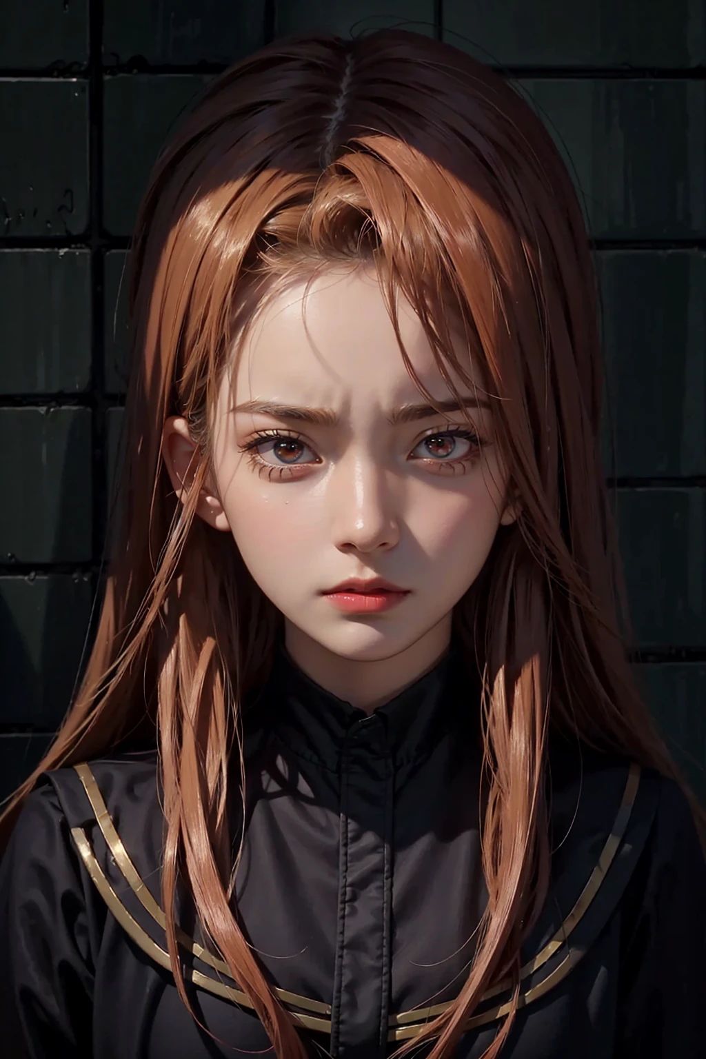 (front focus), (in the dark:1.6), Hyperrealist portrait of female by david hockney and alphonse mucha, fantasy art, photo realistic, dynamic lighting, artstation, poster, volumetric lighting, very detailed faces, 4 k, award winning, 1girl, in the dark, deep shadow, low key, cowboy shot, (official clothing:1.4), long hair, yellow hair, red eyes, , serious, angry, fierce eyes