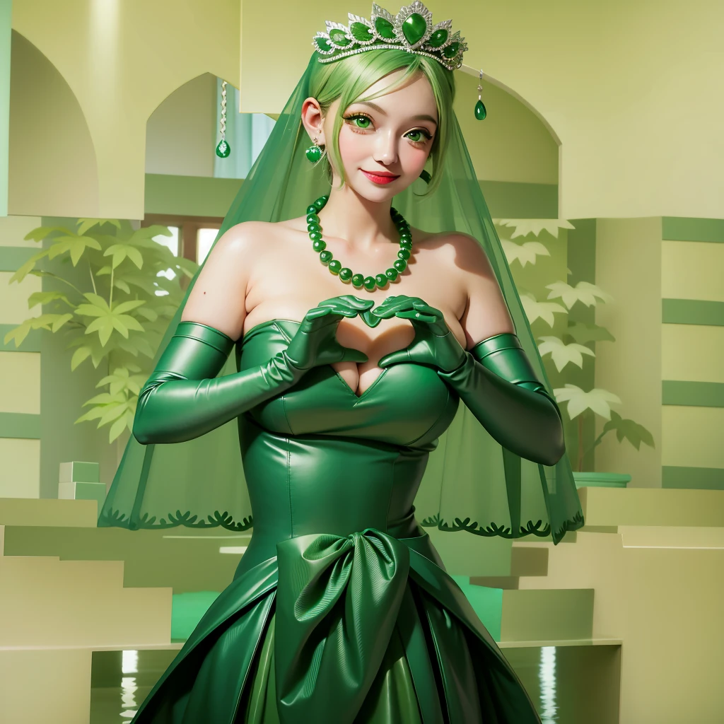 Emerald tiara, Green Pearl Necklace, ボーイッシュな非常に短いGreen Hair, Green Lips, Smiling Japanese woman, Very short hair, Busty beautiful lady, Green Eyes, Green satin long gloves, Green Eyes, Emerald Earrings, Green veil, Heart with both hands, Green Hair, Beautiful Japanese Woman, Heart shaped hands:1.3, green lip gloss