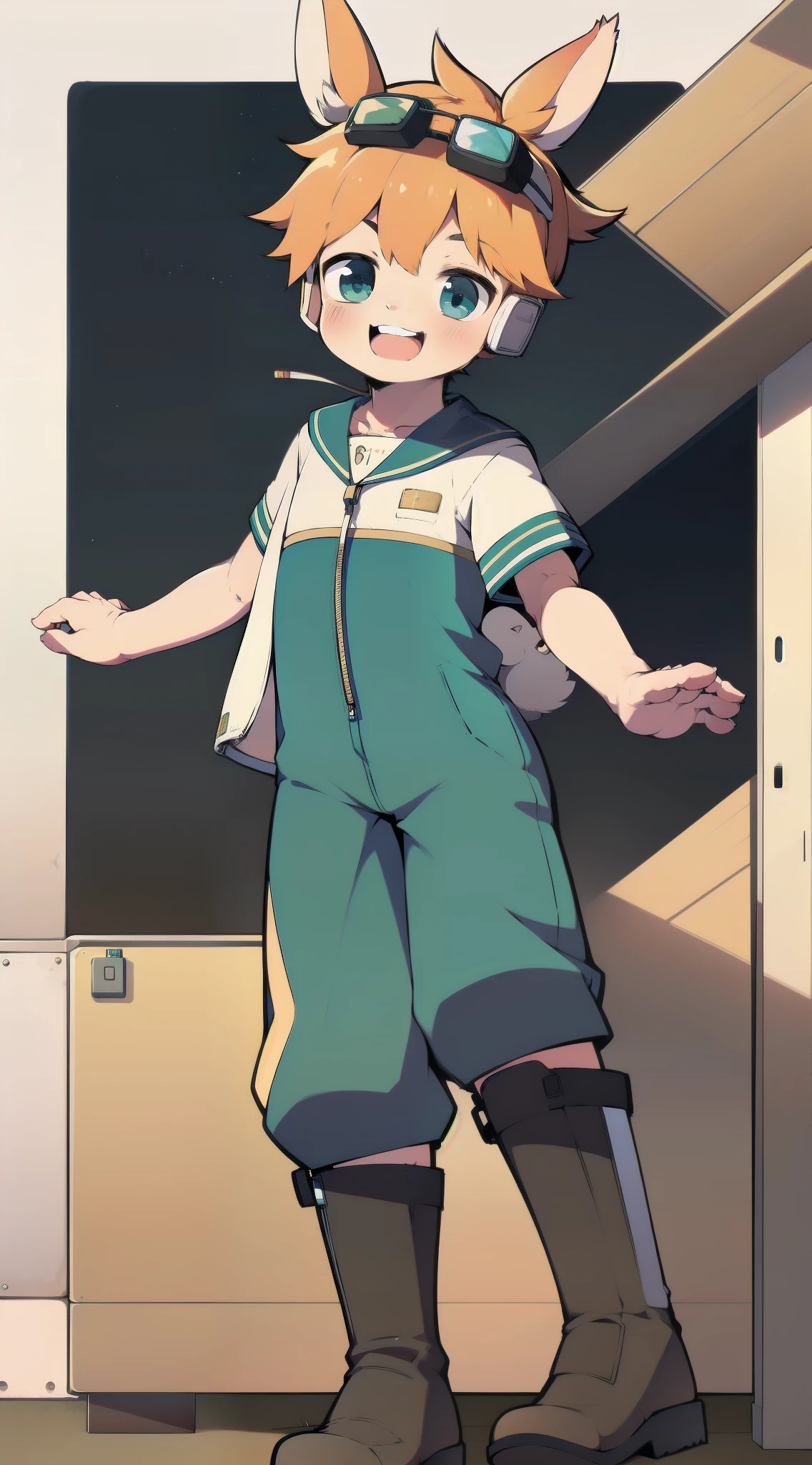 2D Shonen Shota，Dark green jumpsuit，Slim, healthy body，Put the headphones on your head，stand up，goggles，Rabbit ears，Happy，Sailor collar，boots，charming，Akimbo