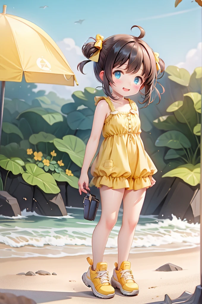 (masterpiece, best quality:1.2), 1girl, solo, brown hair, medium hair, sidebuns, brown eyes, small breast, surprised, yellow bloomers, yellow shirt, bare arms, full body, outdoors, cowboy shot, beach