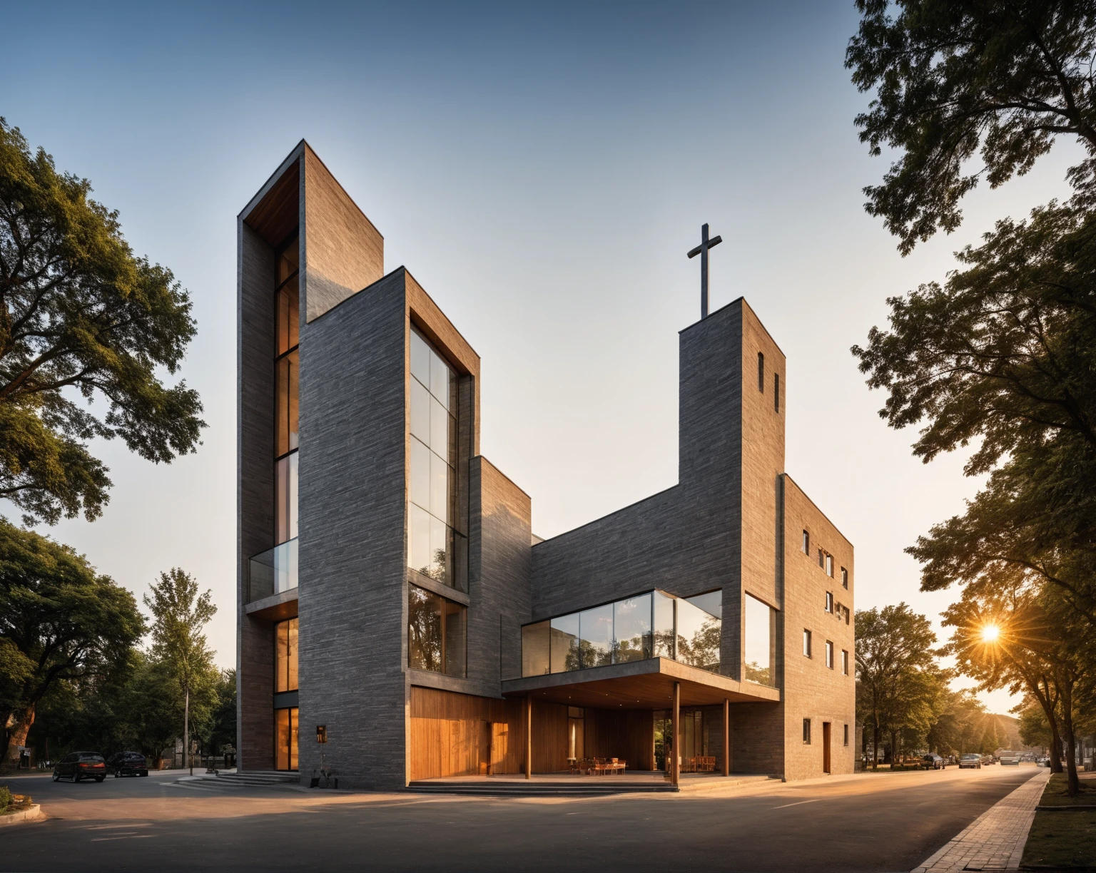 raw photo, best quality, ultra realistic, masterpiece, best quality skin, photography hd, dslr,
tcs, httlvn, modern church, road, people, house, facade design, outdoors, church, cross on top, dusk, sunshine, street view, depth of view from the tree, 
