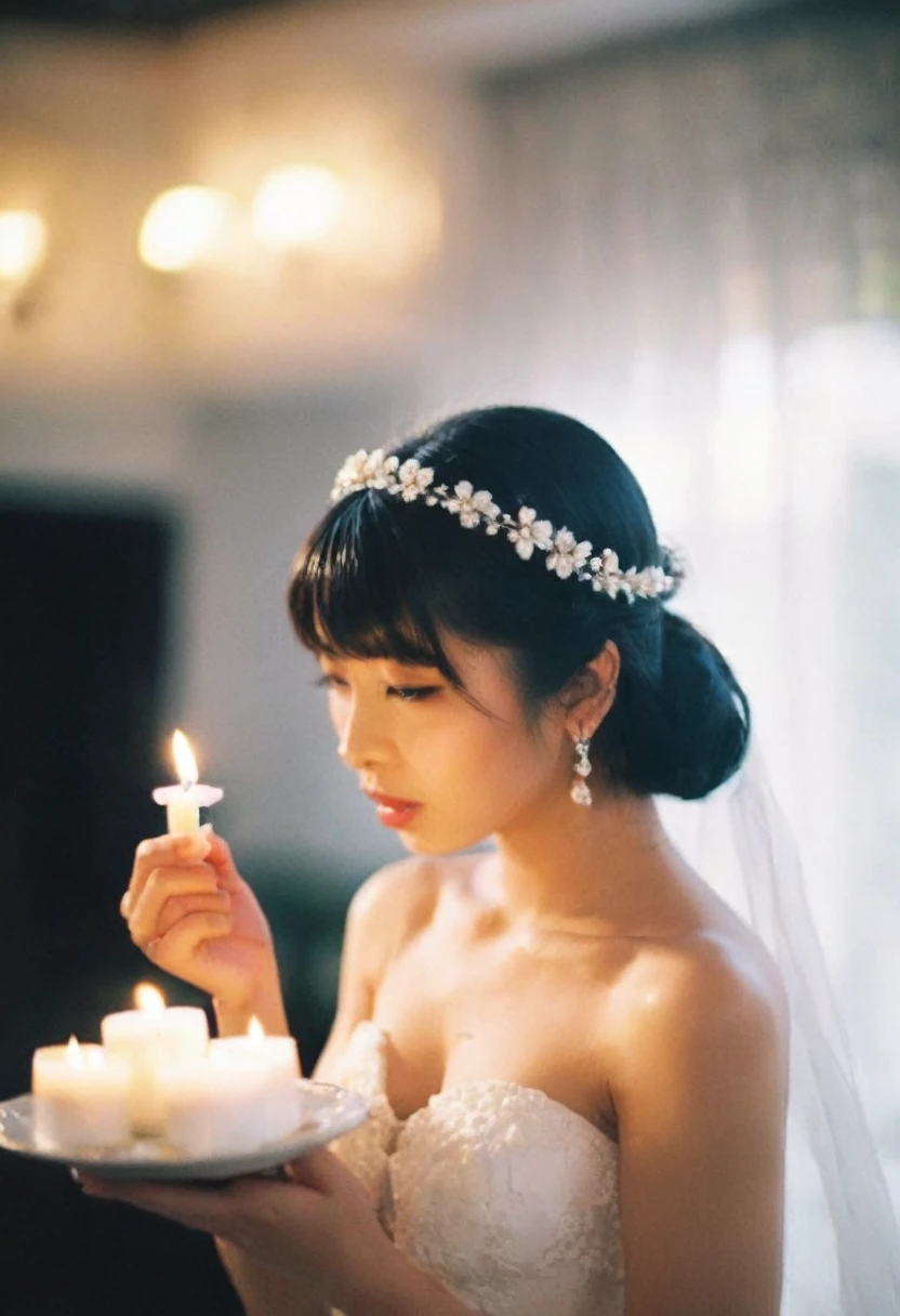 1girl, asian girl,solo, candid, black hair, dress, off shoulders, brown eyes, jewelry, medium breasts, collarbone, upper body, flower, earrings, indoors, necklace, white dress, blurry, lips, strapless, blurry background, tiara, veil, strapless dress, bouquet, wedding dress, realistic, candle, bridal veil, bride, candlestand, film grain