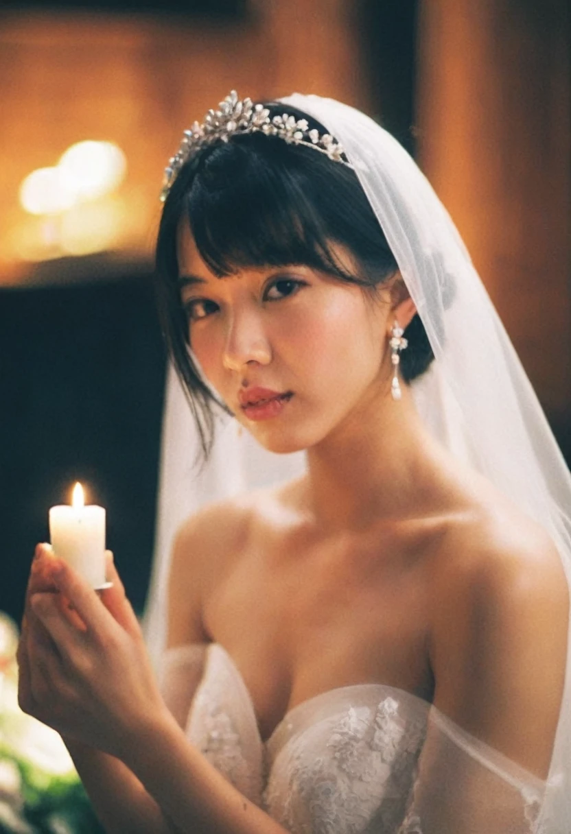 1girl, asian girl,solo, candid, black hair, dress, off shoulders, brown eyes, jewelry, medium breasts, collarbone, upper body, flower, earrings, indoors, necklace, white dress, blurry, lips, strapless, blurry background, tiara, veil, strapless dress, bouquet, wedding dress, realistic, candle, bridal veil, bride, candlestand, film grain