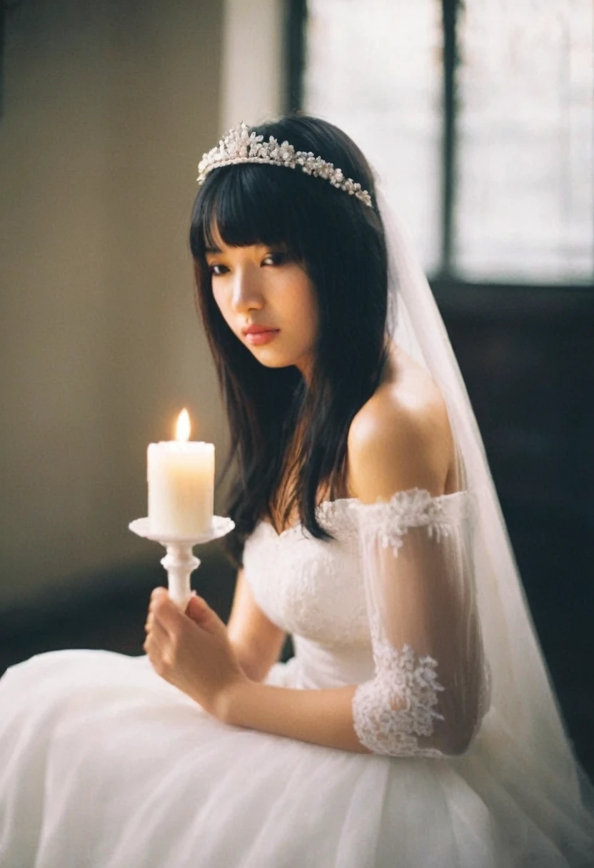 1girl, asian girl,solo, candid, black hair, dress, off shoulders, brown eyes, jewelry, medium breasts, collarbone, upper body, flower, earrings, indoors, necklace, white dress, blurry, lips, strapless, blurry background, tiara, veil, strapless dress, bouquet, wedding dress, realistic, candle, bridal veil, bride, candlestand, film grain