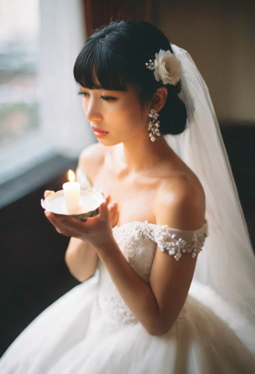 1girl, asian girl,solo, candid, black hair, dress, off shoulders, brown eyes, jewelry, medium breasts, collarbone, upper body, flower, earrings, indoors, necklace, white dress, blurry, lips, strapless, blurry background, tiara, veil, strapless dress, bouquet, wedding dress, realistic, candle, bridal veil, bride, candlestand, film grain