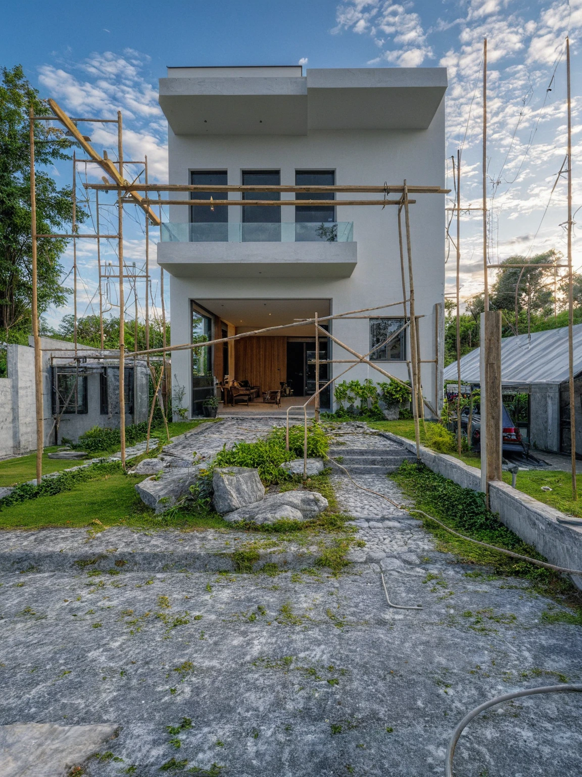 Masterpiece, high quality, best quality, authentic, super detail, outdoors, onestoreyvillaXL, aiaigroup, house style modern on the street ,stairs, white wall ,road,pavement, grass, trees, sky, cloud, (daylight:1.1)
