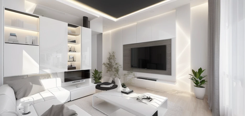 The Araffer living room has a large flat-screen TV and white sofas, Modern living room, cinematic accent lighting, minimalistic and beautiful, Modern style, modernsimplicity, modern minimal design, living room vibe, simple clean lines, popular interior design style, inside a modern apartment, modern interior design, white accent lighting, apartment design, interior design living room,Arafid living room with large TV and white sofa, Simple and beautiful, All-white rendering, Modern minimalist design, Cinematic accent lighting, Modern living room, Minimalist interior design, living room, Inside a modern apartment, Modern simplicity, White accent lighting, A bright room, Soft lighting 8K, Emphasize white lighting, Detailed and realistic 8 K, Soft lighting is designed inside, 45° command, masterpiece, highres, ray tracing, cinematic lighting, UHD, ccurate, textured skin, super detail, high details, high quality, best quality, 16k