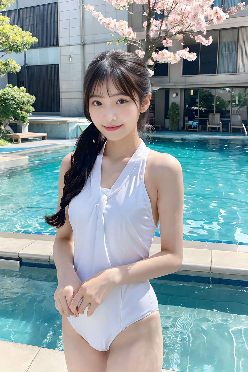 A beautiful Japanese woman in a traditional Japanese school swimsuit stands by the pool。She has long black hair tied in a ponytail、The school swimsuit is navy blue with white trim.。Under the blue sky on a clear day、The pool water sparkles in the sunlight。In the background you can see a Japanese school building with cherry blossoms blooming。She has a gentle smile、The bright sunlight reflects in my eyes。Her figure is slender and athletic.、Has a natural and relaxed pose。One hand on hip、The other hand is lightly touching the water surface.。The overall atmosphere is peaceful and nostalgic.、It captures the essence of the Japanese school scene.。