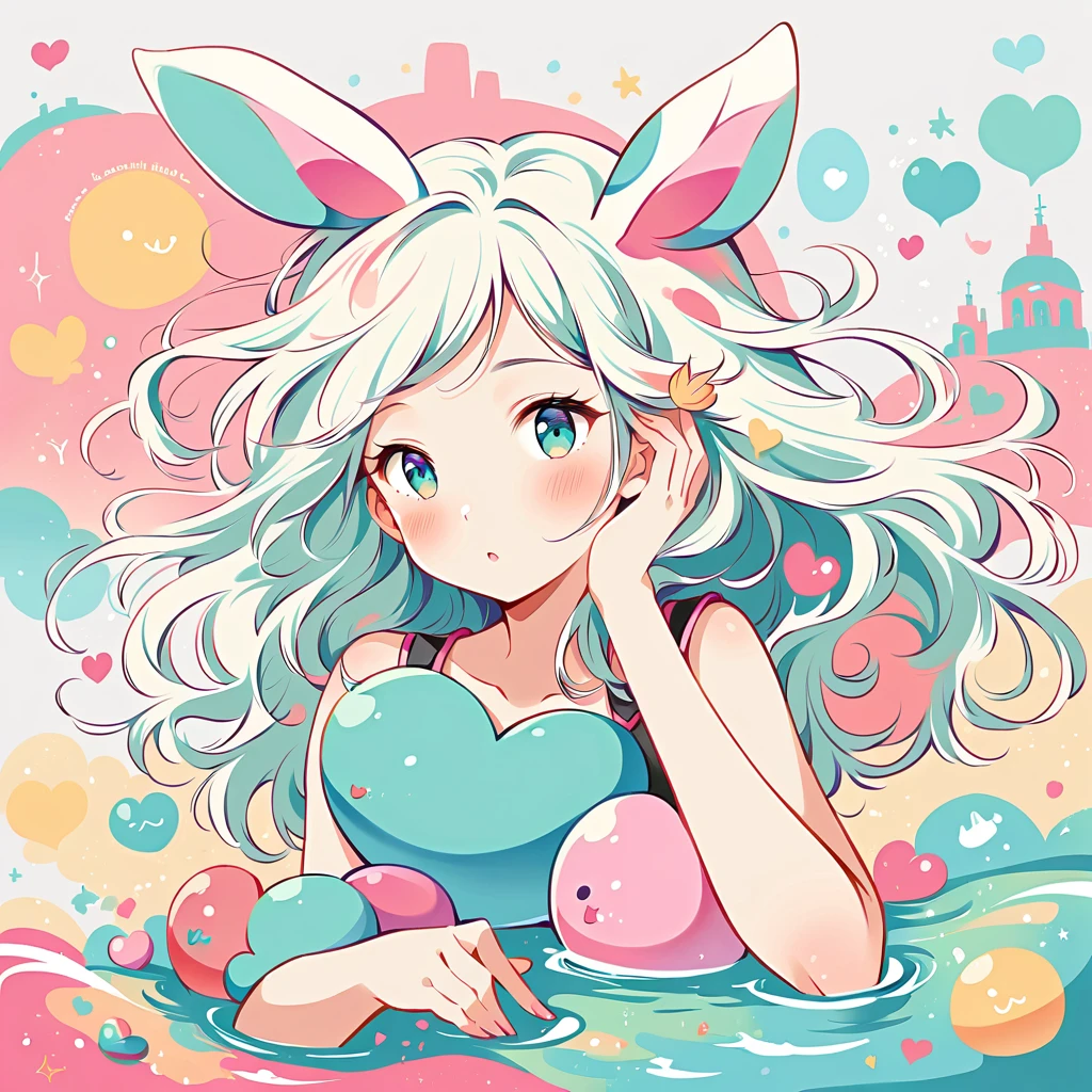 Black Star Red and White style, Simple Line Initialism，Abstract art，Urban Background, colorful hearts ,(((The most beautiful girl of all time))), On a bright red campus"YES"Character、beautiful illustration, best quality, cute girl, bedroom, pastel color, fluffy bunny ears, , silver long hair, alert! Dive into the messy and joyful theme of "Playing in Mud" (Playing in the mud). Capture the pure delight and uninhibited fun of people or animals splashing, building, and getting covered in mud.