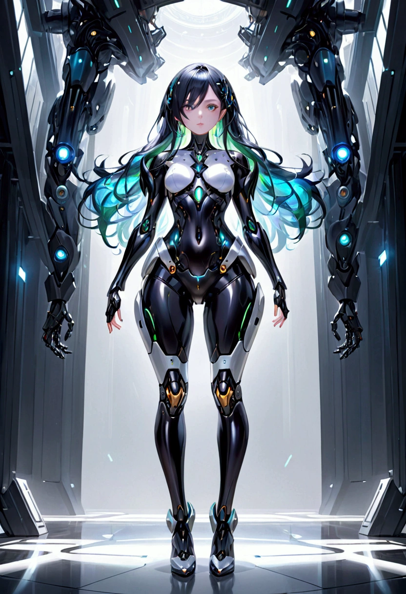 (masterpiece), best quality, expressive eyes, perfect face, Girl,long dark iridescent hair, iridescent eyes, small waist, medium chest, large thighs, full body view, robotic clothes