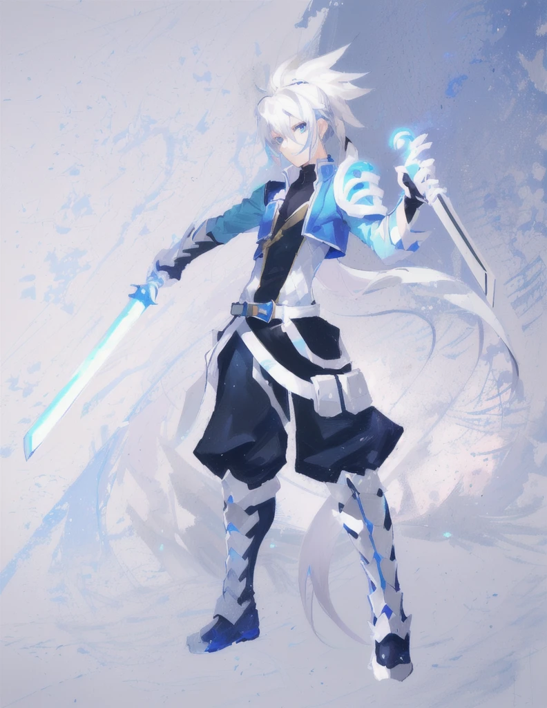 sketches of a drawing of a androgynous young boy with 2 swords, Kilua from hunter x hunter, an anime drawing, detailed fanart, hero 2d fanart artsation, ( ( character concept art ) ), anime drawing, game art!!, with out shading, anime shading), dramatic wielding sword pose, anime shading, white hair, glowing blue eyes, pale skin, black ninja trousers, black vest, short blue jacket, blue belts, metallic accents, full body, long ponytail, long hair