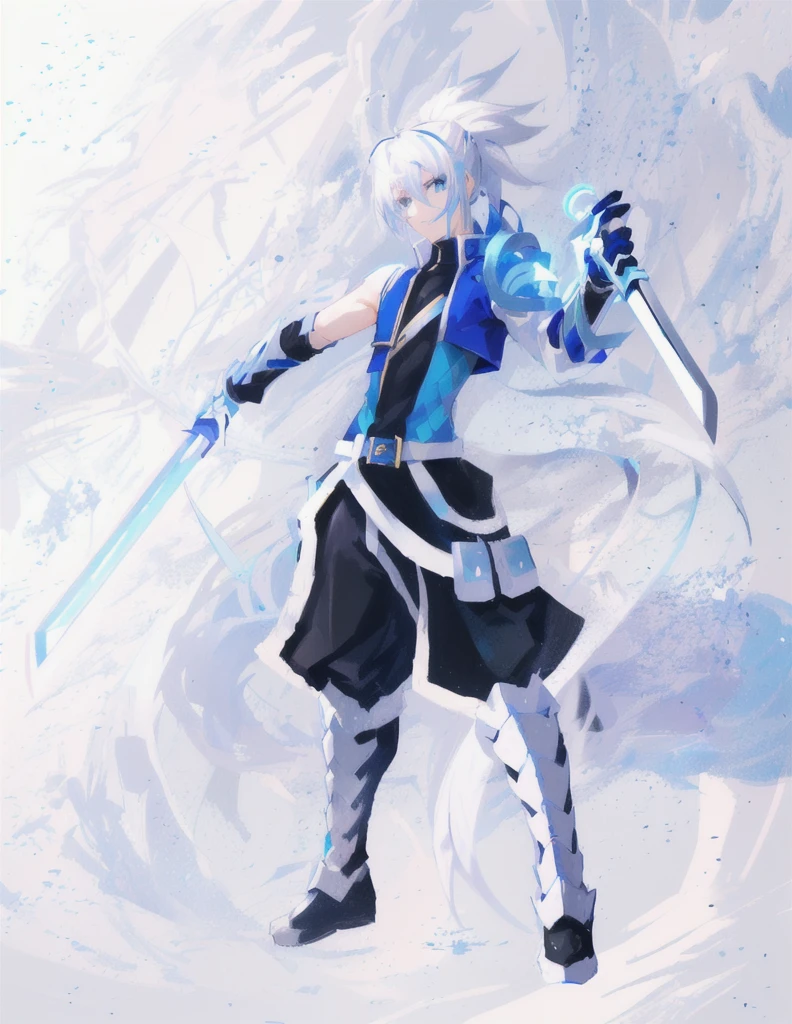 sketches of a drawing of a androgynous young boy with 2 swords, Kilua from hunter x hunter, an anime drawing, detailed fanart, hero 2d fanart artsation, ( ( character concept art ) ), anime drawing, game art!!, with out shading, anime shading), dramatic wielding sword pose, anime shading, white hair, glowing blue eyes, pale skin, black ninja trousers, black vest, short blue jacket, blue belts, metallic accents, full body, long ponytail, long hair