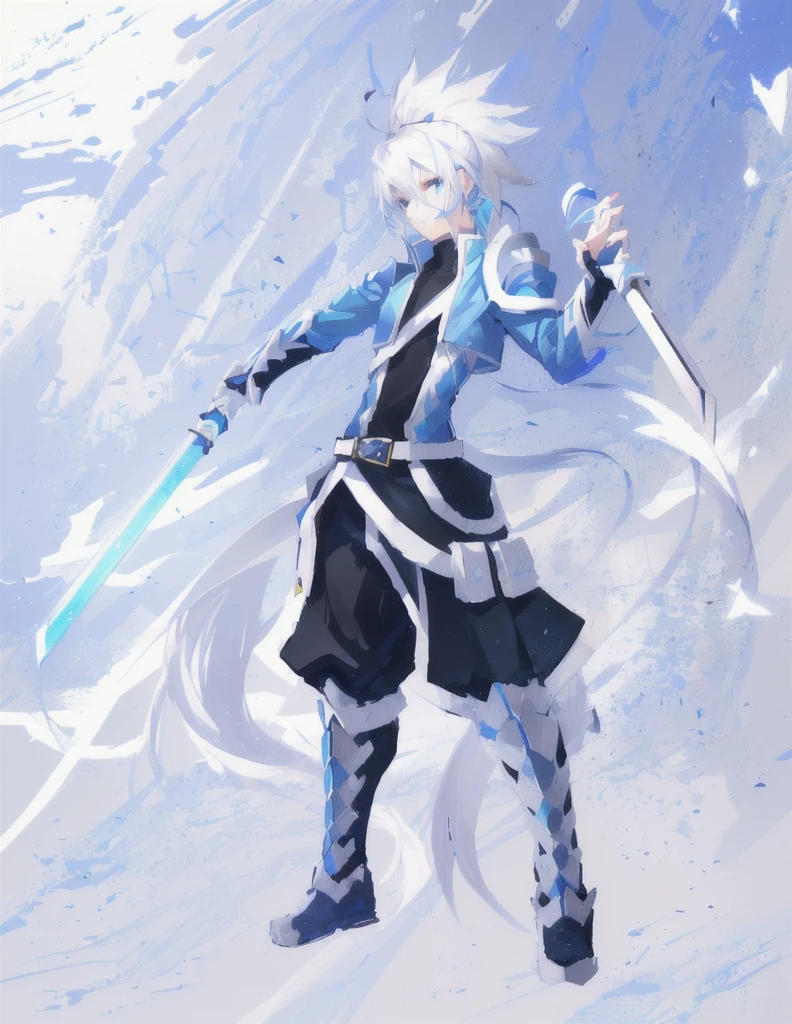 sketches of a drawing of a androgynous young boy with 2 swords, Kilua from hunter x hunter, an anime drawing, detailed fanart, hero 2d fanart artsation, ( ( character concept art ) ), anime drawing, game art!!, with out shading, anime shading), dramatic wielding sword pose, anime shading, white hair, glowing blue eyes, pale skin, black ninja trousers, black vest, short blue jacket, blue belts, metallic accents, full body, long ponytail, long hair