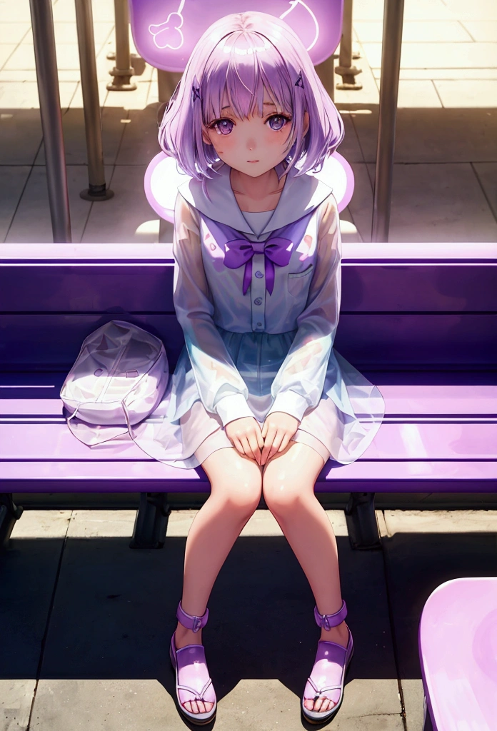 transparent girl like an animated character sits on a station bench.Girls are translucent.The girl's outline is painted in pale purple.The background is colorful and vivid,

