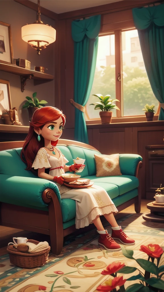 Concept Art,character illustration of a,European and American cartoons,(whole body:1.5),Mid-Long View,carpet,(Puppy lying on the floor),shoe,一个20岁的金发女生悠闲的sit在living room,Holding a cup of coffee,A laid-back expression,Relax,Leisure,European and American cartoons,1 Girl,freckle,Solitary,Jewelry,Green Eyes,Weaving,earrings,twin Weavings,necklace,Looking at the audience,Red hair,plant,Puff sleeves,bracelet,Smile,Long hair,puffy short sleeve,Necklace,dress,flower,Coffee cup,Gloves,earrings,Jewelry,肘部Gloves,cup,,sit,sofa,window,cake,小cake,sofa,living room,solo