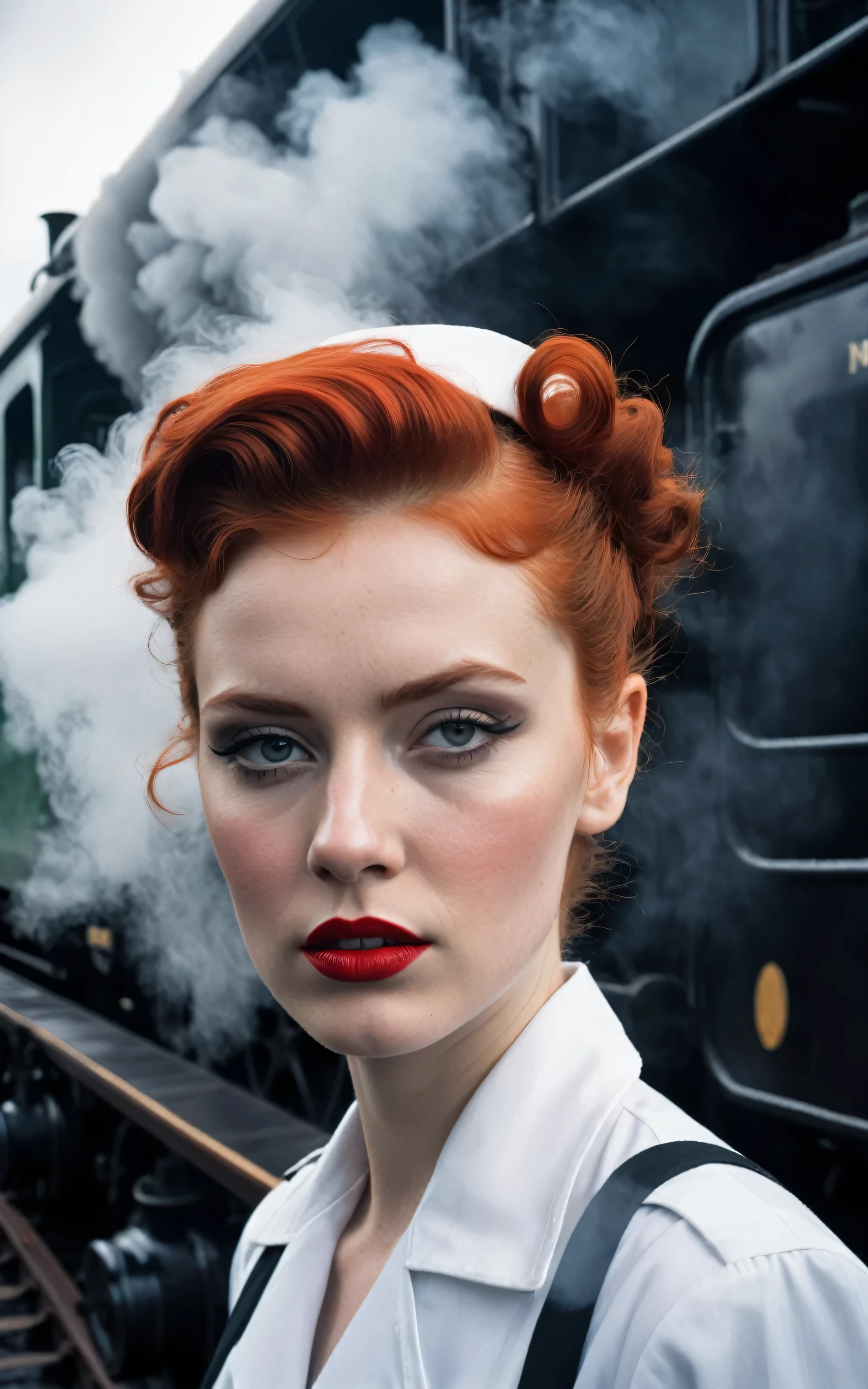 a photo of, a grim faced young woman wearing a nurses uniform stands on the platform next to a railway carriage, steam locomotive, mist, steam, smoke, rain, luggage, redhead, buzzcut, red lipstick, reflections, art deco, 1930s, film noir, extreme close up, portrait, dramatic shadow evocative analog film noise ,in the style of neil-krug