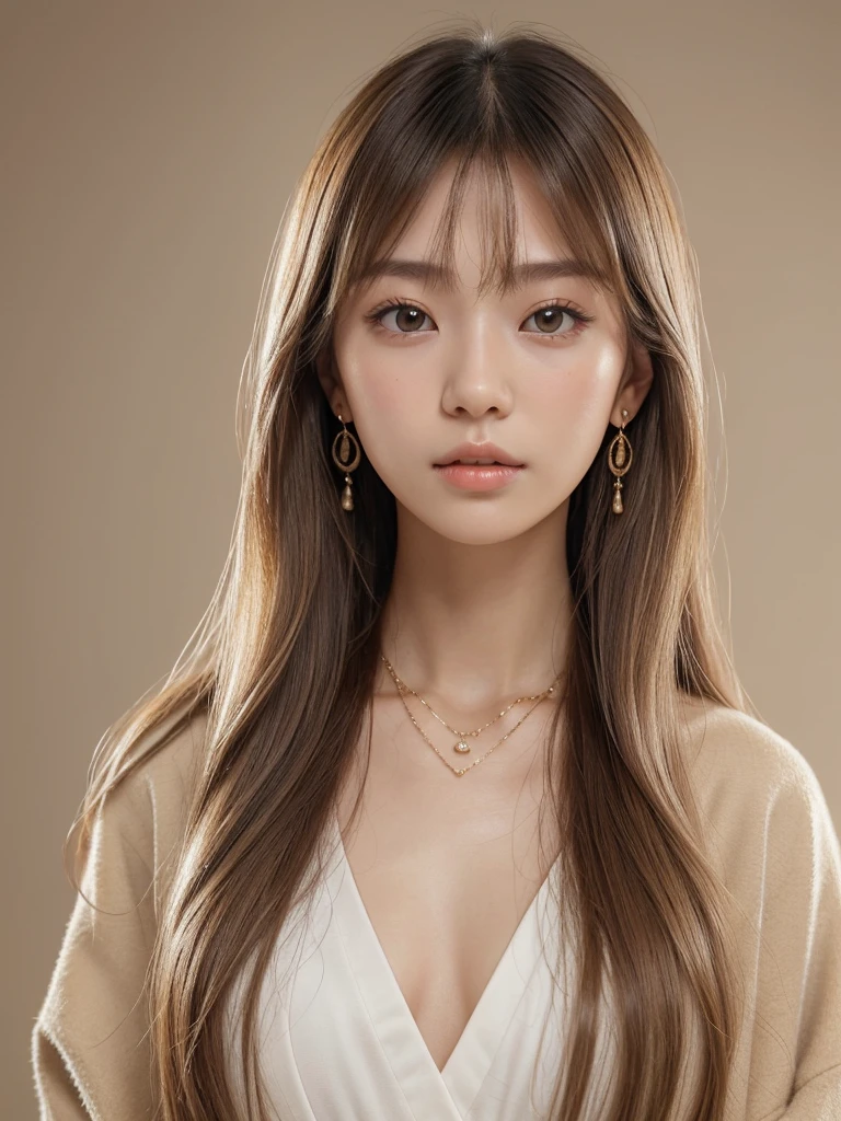 (Highest quality, 8K, masterpiece:1.3), concentrated: 1.2, Perfect Body Beauty: 1.4, Hip: 1.2, ((Long Hair, chest: 1.2)), (Dry clothes: 1.1) , (clear, Simple Background:1.3), Simple clothes: 1.1, Highly detailed face and skin texture,Delicate eyes, double eyelid, White skin, Rough skin、Long Hair、Bangs with earrings、necklace、 alone、Beige coat、White shirt, (((Cute Japanese Girl)))、 ((Beautiful Japanese woman 20 years old))、 ((Baby Face))、 (((Slender body)))、 Upper Body,Face Focus、necklace,Simple Background,From above, Realistic Hair、 The photo was taken:Canon EOS R6、135mm、1/1250 seconds、F2.8、ISO400、(Detailed description of the hand)、(Masseter region)、(Exquisite CGI)、Long Hair, loose and curly hair、Korean Hair、(blonde)、ゆるふわLong Hairスタイル、