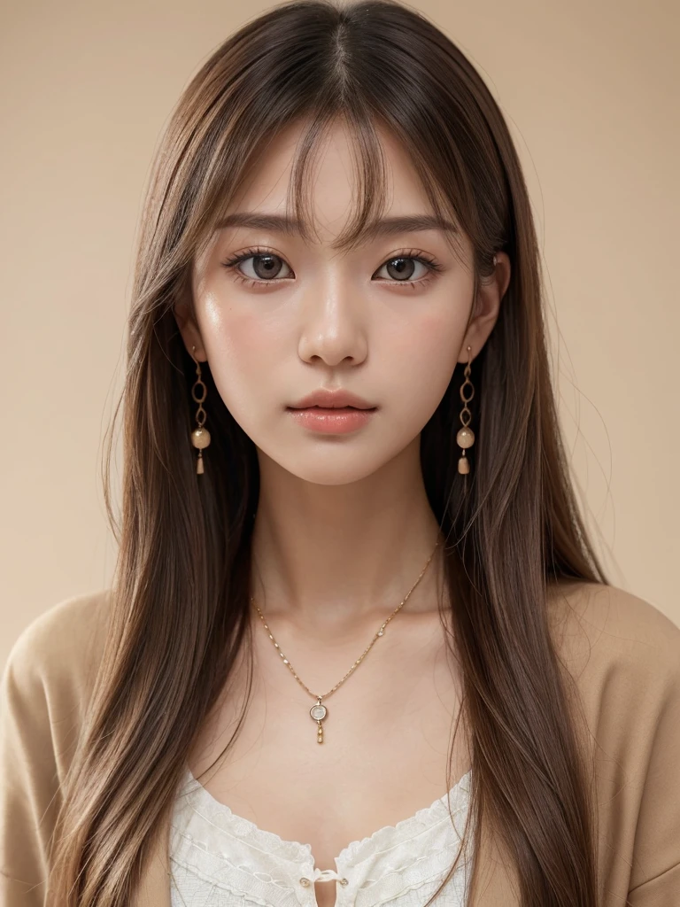 (Highest quality, 8K, masterpiece:1.3), concentrated: 1.2, Perfect Body Beauty: 1.4, Hip: 1.2, ((Long Hair, chest: 1.2)), (Dry clothes: 1.1) , (clear, Simple Background:1.3), Simple clothes: 1.1, Highly detailed face and skin texture,Delicate eyes, double eyelid, White skin, Rough skin、Long Hair、Bangs with earrings、necklace、 alone、Beige coat、White shirt, (((Cute Japanese Girl)))、 ((Beautiful Japanese woman 20 years old))、 ((Baby Face))、 (((Slender body)))、 Upper Body,Face Focus、necklace,Simple Background,From above, Realistic Hair、 The photo was taken:Canon EOS R6、135mm、1/1250 seconds、F2.8、ISO400、(Detailed description of the hand)、(Masseter region)、(Exquisite CGI)、Long Hair, loose and curly hair、Korean Hair、(blonde)、ゆるふわLong Hairスタイル、