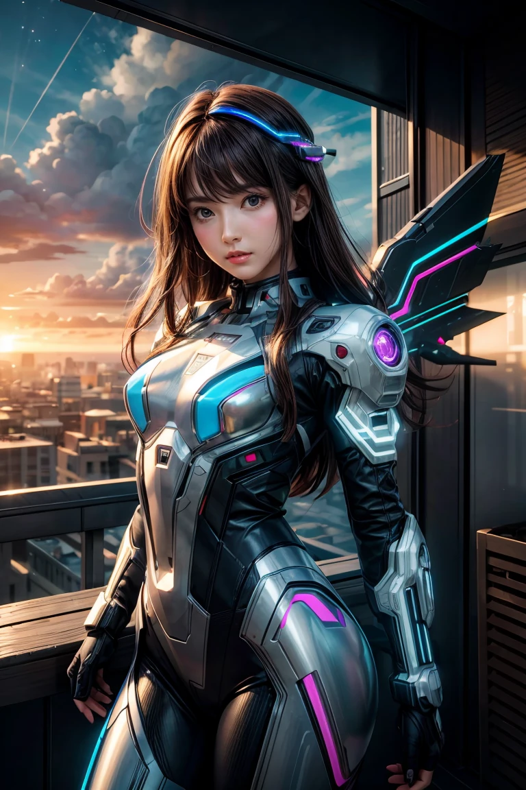 ((masterpiece, best quality, extremely detailed), volumetric lighting, ambient occlusion, colorful, glowing), 
1girl, solo, young girl, (dark hair), long hair, halo, aura, sacred, godness, cyber suit, (random-colored outfit:1.3), android, bot, cybernetic wings,
outdoors, sunset, sky, clouds, space, (cyberpunk theme:1.2),